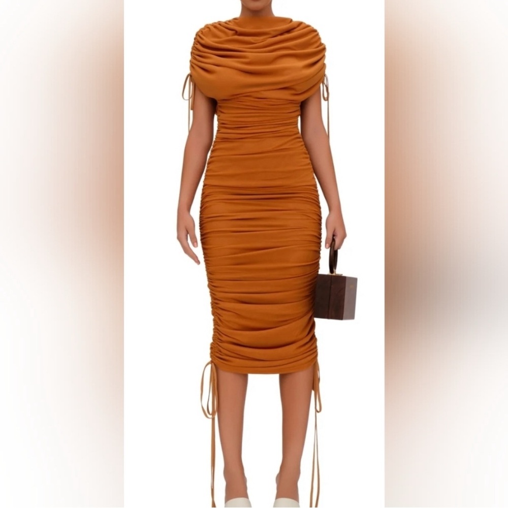 Andrea Iyamah Women’s Ratu Ruched Mesh Dress in Caramel Orange size S - US 6